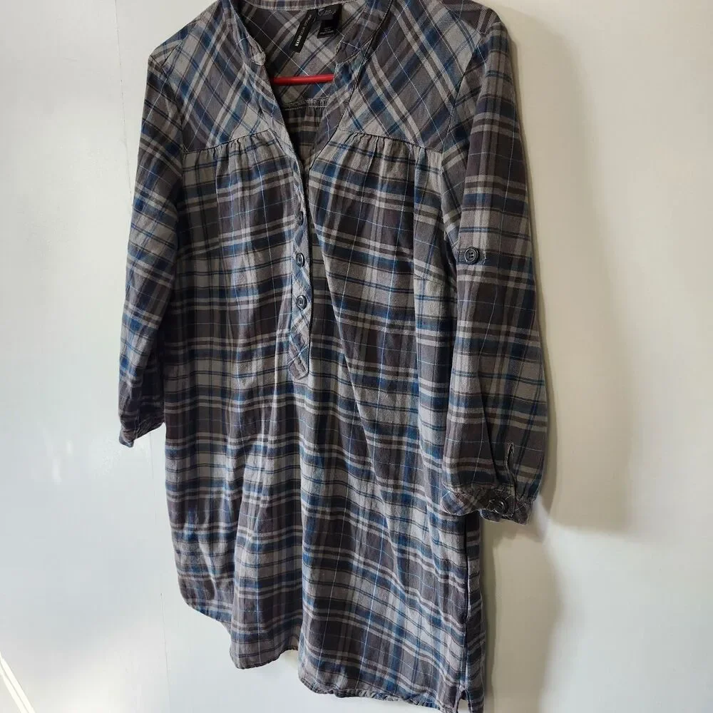 Mango MNG Plaid Tunic Shirt Dress Blue Gray Check 3/4 Sleeve Cotton Size Med - Picture 2 of 11